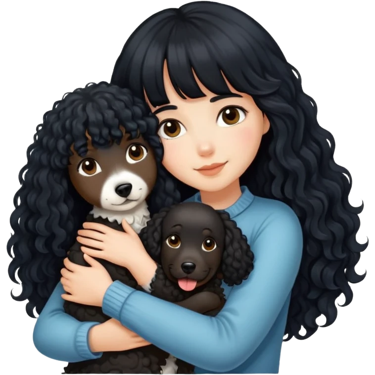 A beautiful girl with long black hair and bangs hugs a curly-haired dog emoji