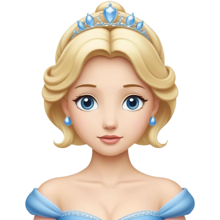 Cinematic Elegant Cinderella Portrait Emoji, rendered in a beautifully detailed, vector-style with minimal shading and bold, simplified shapes. Depict Cinderella in her classic ball gown (chest and above) with fair, porcelain skin and elegantly styled blonde hair, her eyes soft and kind, and her expression serene and graceful. The design glows with a gentle, enchanting radiance and high shine, capturing the timeless beauty of a fairy tale princess. emoji