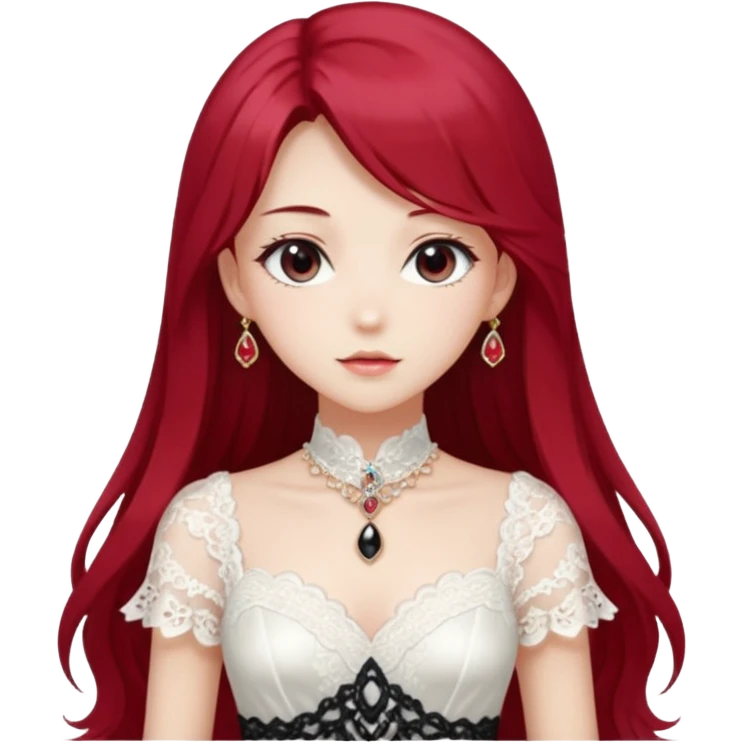 Beautiful shiny Gorgeous Anime Lady with long hair with a beautiful white silky lace dress and rubies and onyx gems  emoji