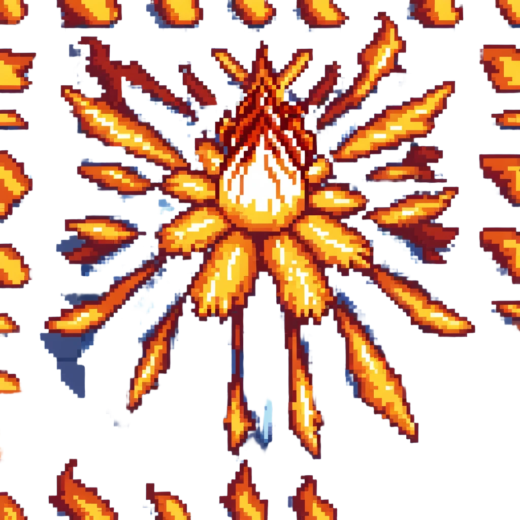 Bomberman downward-facing end-cap explosion tile, flames ending and tapering downward with pronounced flame wisps, orange/yellow with more red at the tips, extending about 70% into down direction emoji
