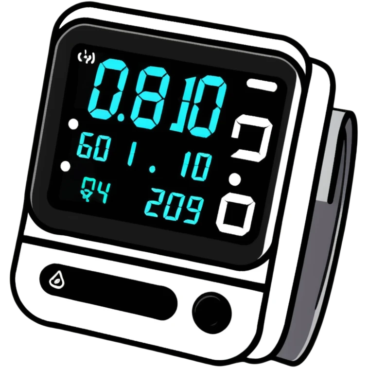 Digital blood pressure monitor showing high reading with numbers on display, hypertension emoji
