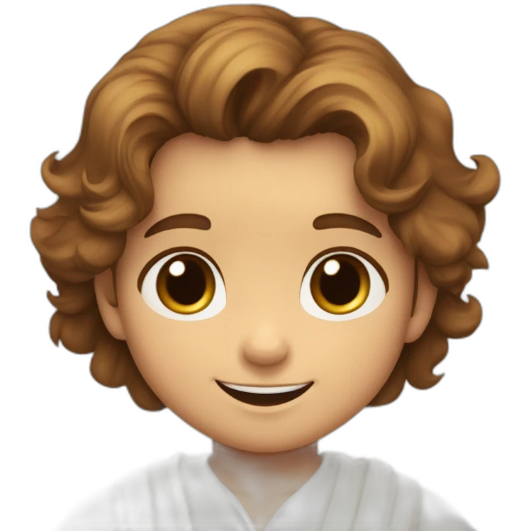 animated jesus child 3 year old boy honey colored eyes abundant wavy brown hair rosy cheeks white tunic tender and loving and happy emoji