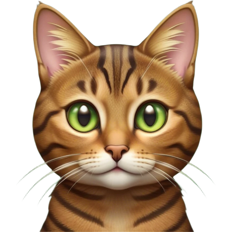 Cinematic Cute Brown Tabby Cat Portrait Emoji, Head tilted playfully and inquisitively, soft brown fur with rich dark tabby stripes and a distinctive M-shaped marking on the forehead, wide, sparkling golden-green eyes filled with curiosity, Simplified yet irresistibly adorable features, highly detailed, glowing with a warm, friendly glow, high shine, affectionate and lively, stylized with a touch of whimsy, bright and endearing, soft glowing outline, capturing the essence of a mischievous yet loving kitten, so playful it feels like it could pounce out of the screen and into your arms! emoji