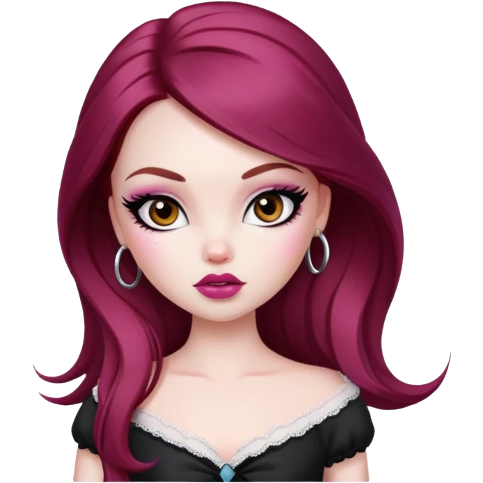 pretty bratz girl, tall, pale skin, dark red hair,  long hair, brown eyes, black eyeliner emoji
