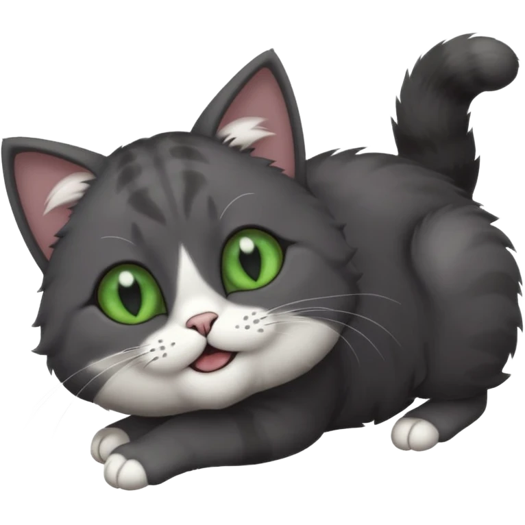 solid dark grey cat with green eyes, completely solid grey face, white toes/paws playfully rolling upside down emoji