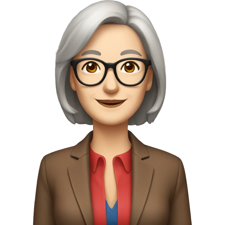 Woman in her 60s, with brown hair, pale skin, glasses, brown eyes, smiling wearing a red blazer, collared shirt,  jeans emoji
