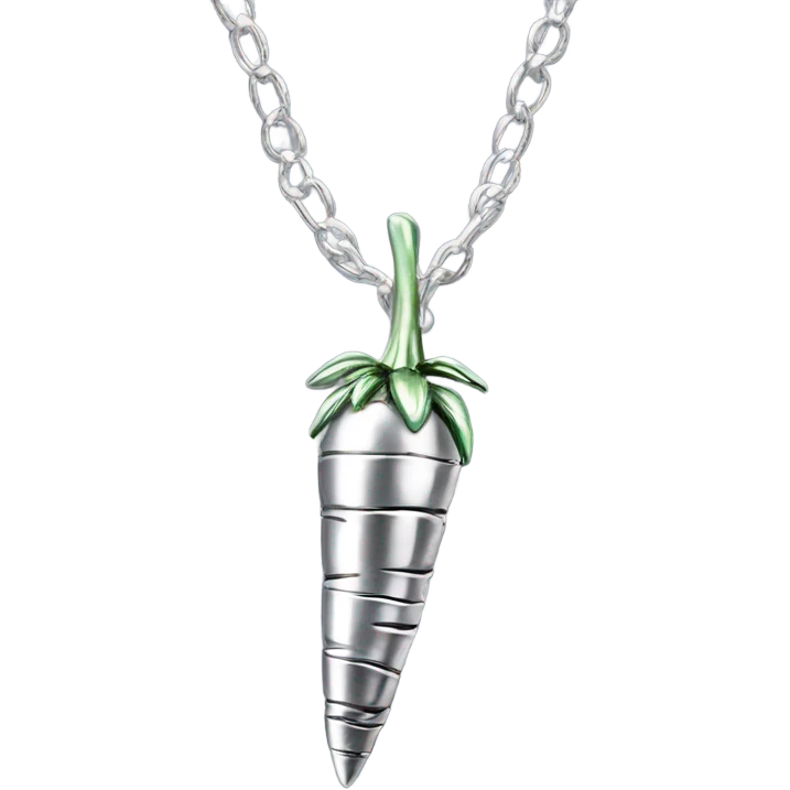 Realistic shiny metallic silver chain necklace with a metallic silver carrot pendant on the chain. emoji