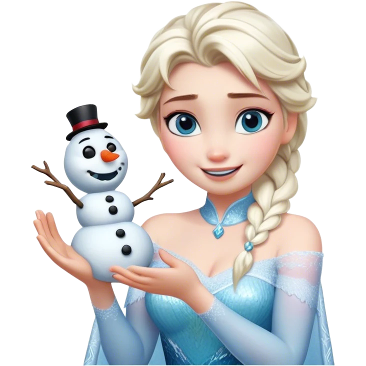 Cinematic Funny Elsa Portrait Emoji, Making a tiny snowman in her hands with a proud grin, looking smug as it dances, an unexpectedly hilarious moment of icy creativity! emoji