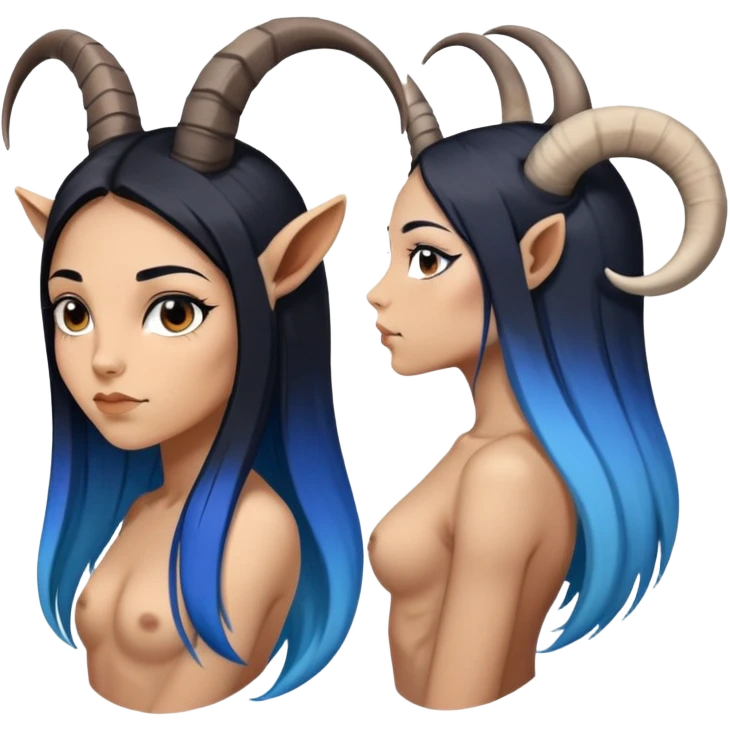 Art of a human woman's very sexy body scheme anatomy-very long straight black to blue hair ombre-left side view-small goat horns emoji