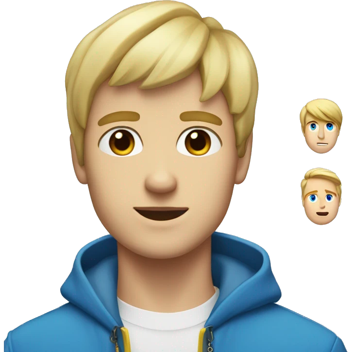 A blonde guy with 2 bangs,left eye blue,right eye yellow,a big white shirt,a yellow coat with a big blue flower shape crystal in the middle of the coat emoji