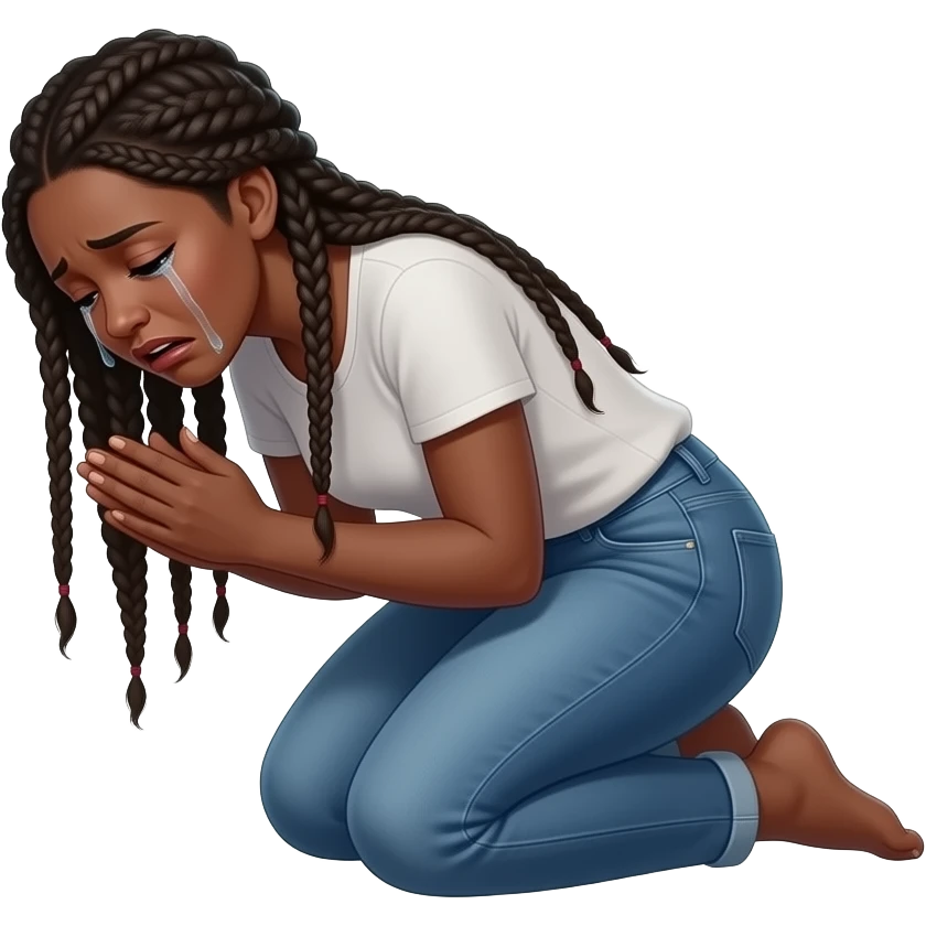 show a black women long braids on their knee begging really sad, the spirit form not a ghost above her cry out more realistic emoji