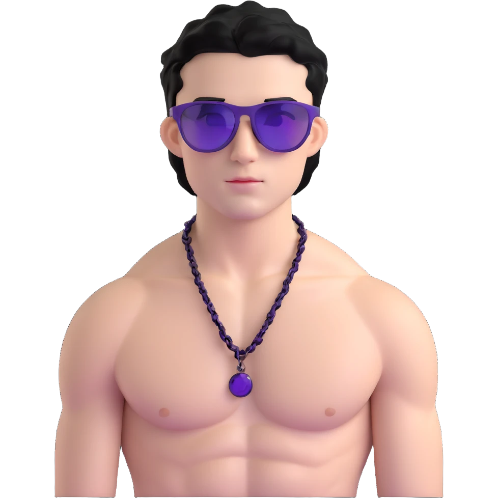 shirtless male athlete with white skin and moderately curly black hair on top with shaved sides, wearing purple sunglasses with very dark heavily tinted black lenses, and a simple plain black chain necklace with absolutely no pendant or decoration emoji