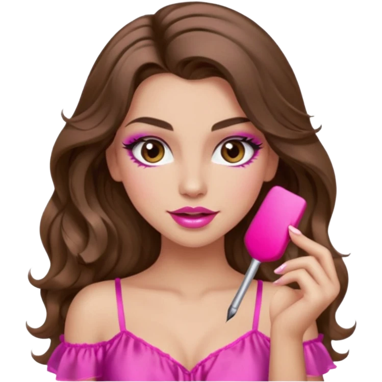 girl with long wavy brown hair, brown eyes, long lashes makeup, sexy pink lips, light to medium complexion, wearing a pink sexy silk top, winking  emoji