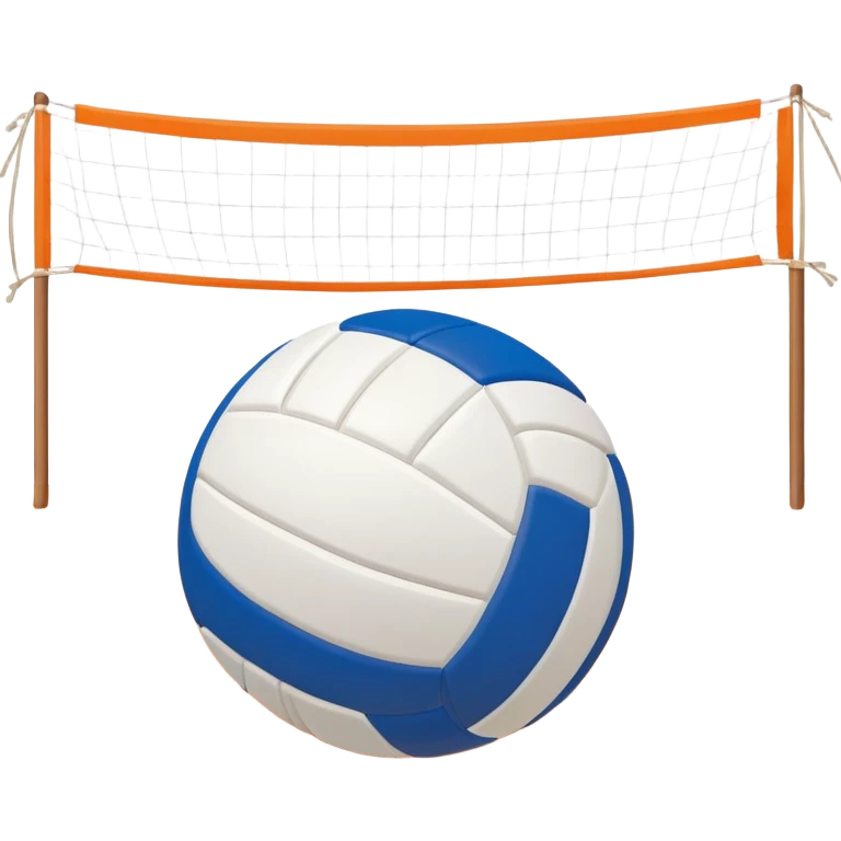 The scene captures a sunny sea beach atmosphere with clear blue sea and sky, palm trees swaying. A volleyball resting on the orange sand ground of a beach, with a volleyball net in the background.  emoji