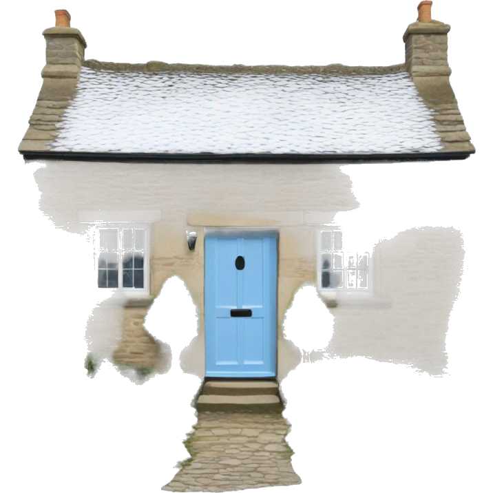 Snowy stone cotswolds cottage with sky blue door  emoji