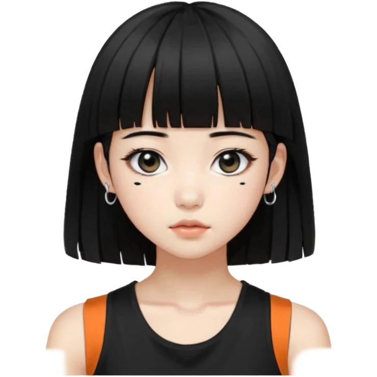 Korean girl, black tank top, black hair, black eyes, layered hair, cool girl, aesthetic, long hair, hime cut, blunt bangs, small silver hoop earrings emoji