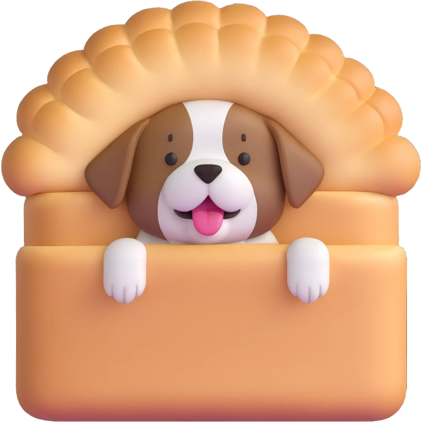 bread maker dog, soft and fluffy, peeking from bread loaf, cheerful, warm beige, full-body emoji