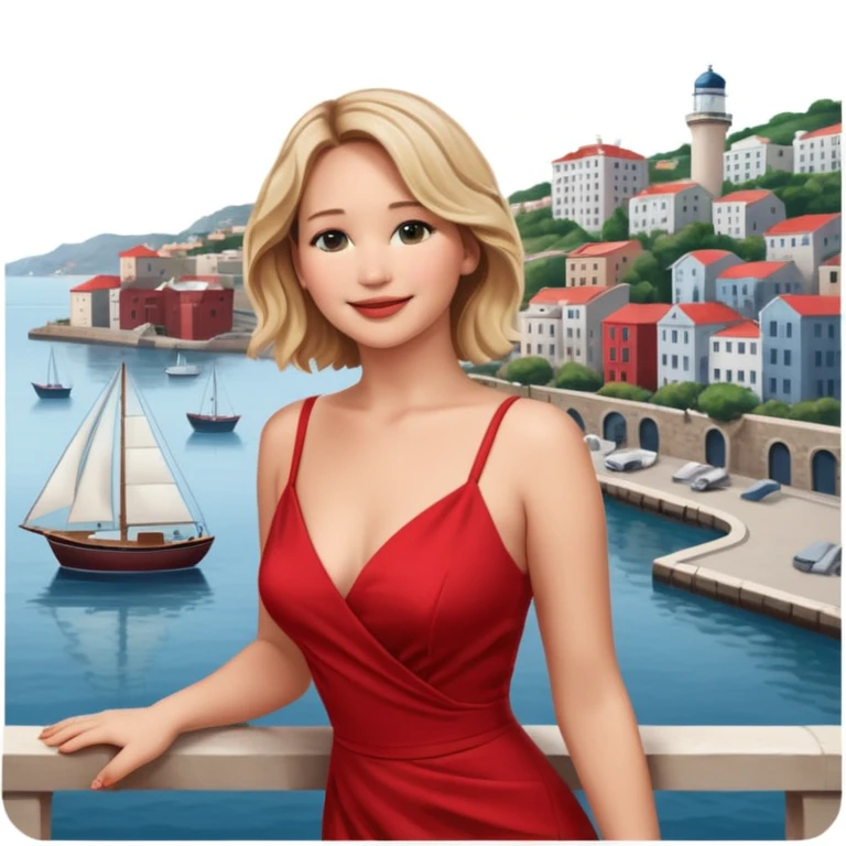 jennifer lawrence, closeup portrait , leaning on a balcony with a harbor and cityscape in the background, smiling, red dress  emoji