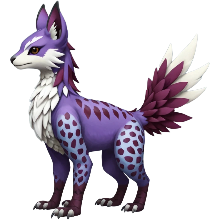 Feral Rare realistic edgy burgundy-purple pretty beautiful handsome gorgeous aesthetic colorful vibrant Vernid-Trico-Silvally-Nargacuga-Gryphon-fusion-hybrid-species-Fakemon-creature by LiLaiRa, random markings, tufted ears, full body with snow-leopard-pattern-markings emoji