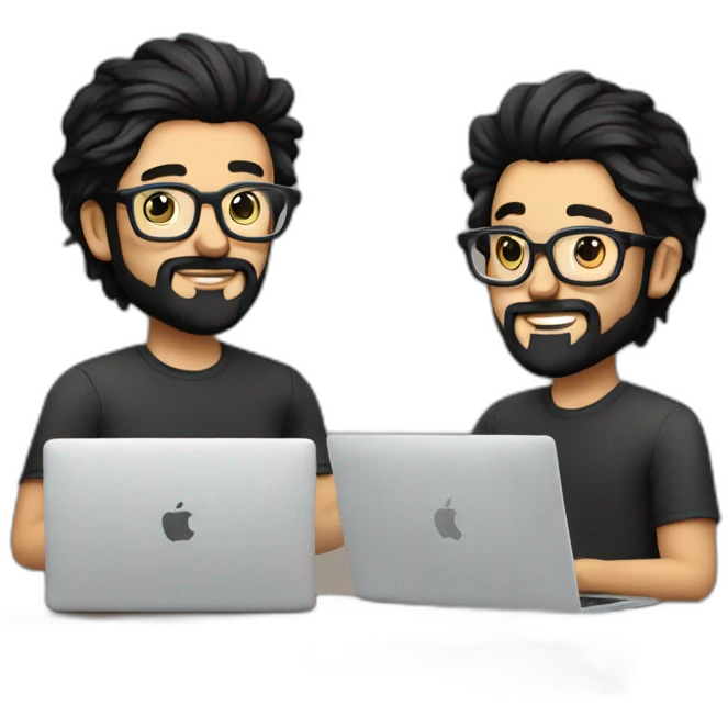 Designer with black hair, beard and glasses working with MacBook and drinking cappuccino  emoji