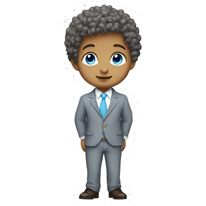 Little white young  gentleman wearing a grey suit with white shirt and baby blue tie with blue eyes ,   brown curly hair and full body . Wearing a watch  emoji