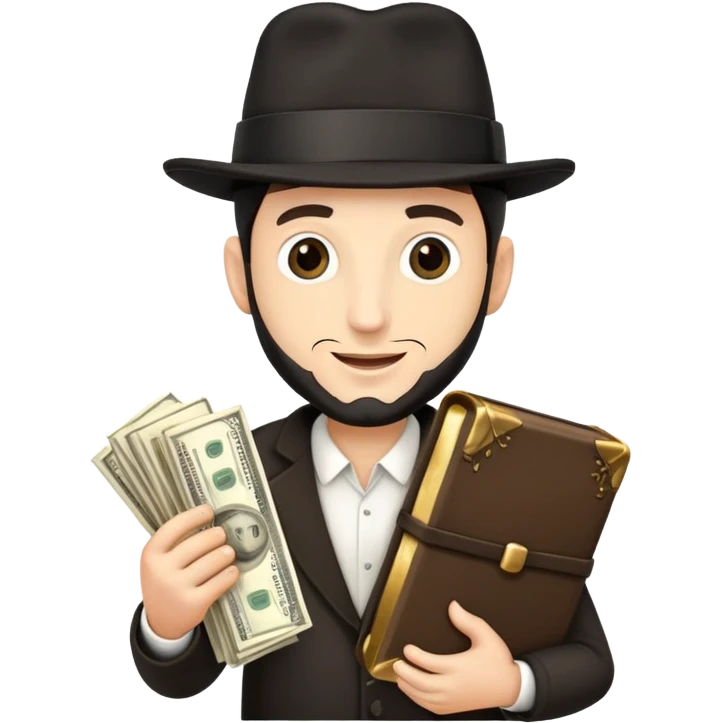 Jewish man with Jewish black hat holding money and Torah greedily emoji