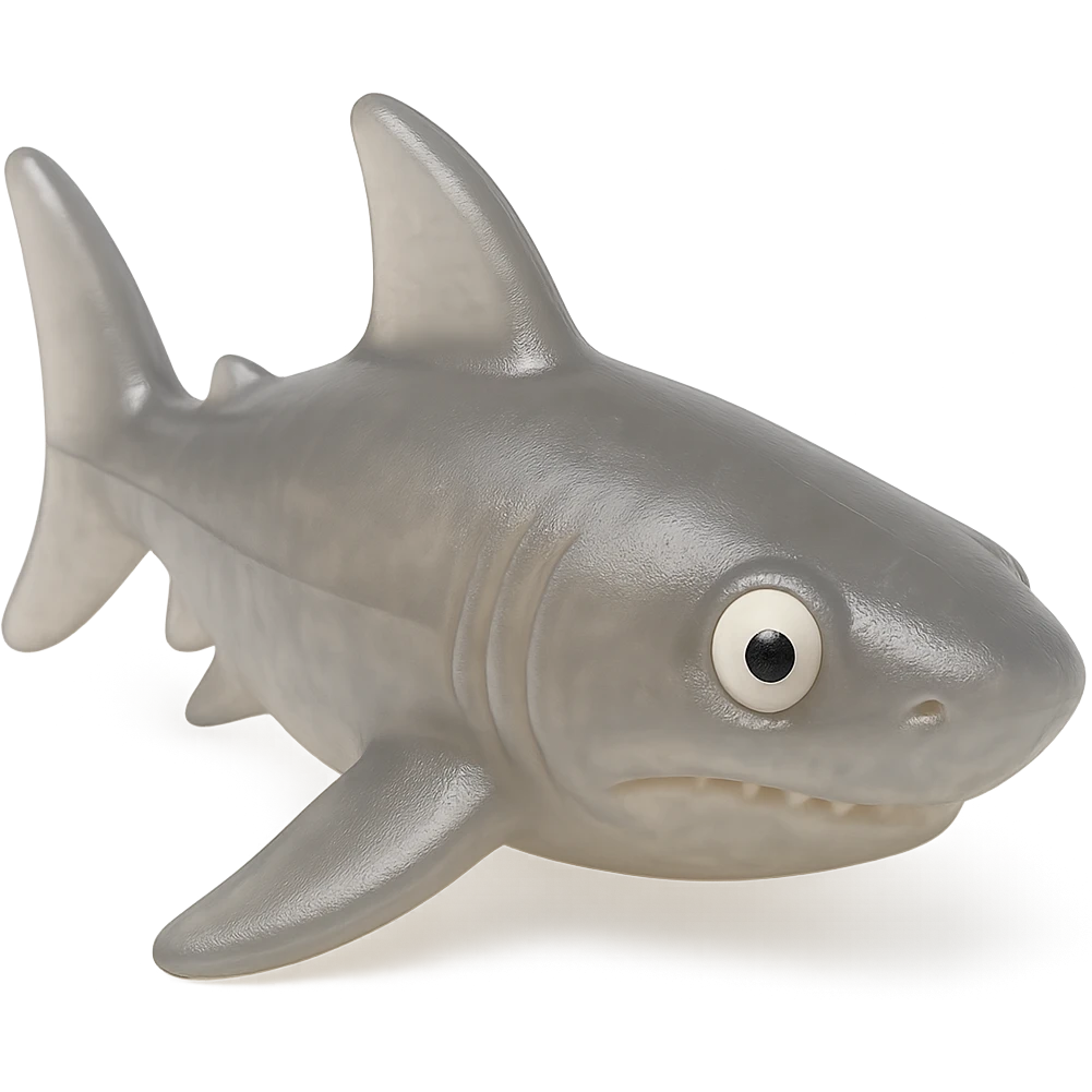 hyper-detailed retro 90's toy style shark, very transparent, natural gray, soft plastic, derpy eyes, soft reflections, soft and squishy, some cloudiness, not shiny, highly detailed, appealing, no tag, no background emoji