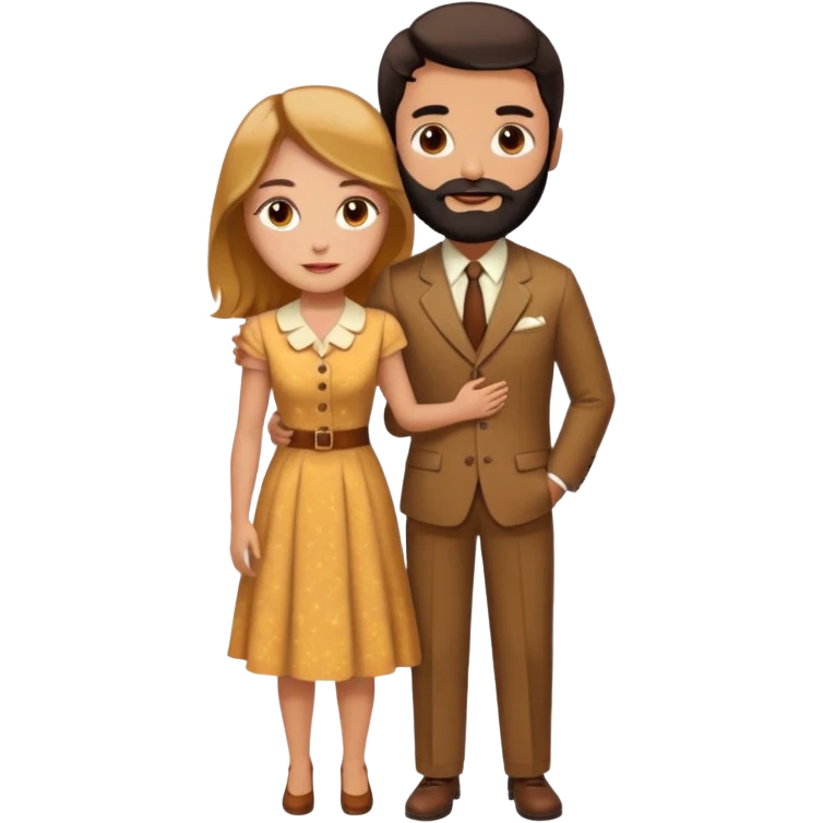 Couple. Bald man with dark brown-black beard. White woman with many small, faded freckles, she has white skin and she has auburn-yellow-brown-cinnamon, dark long hair. She has light brown eyes. The man have hazel eyes. Retro style. They hug. emoji