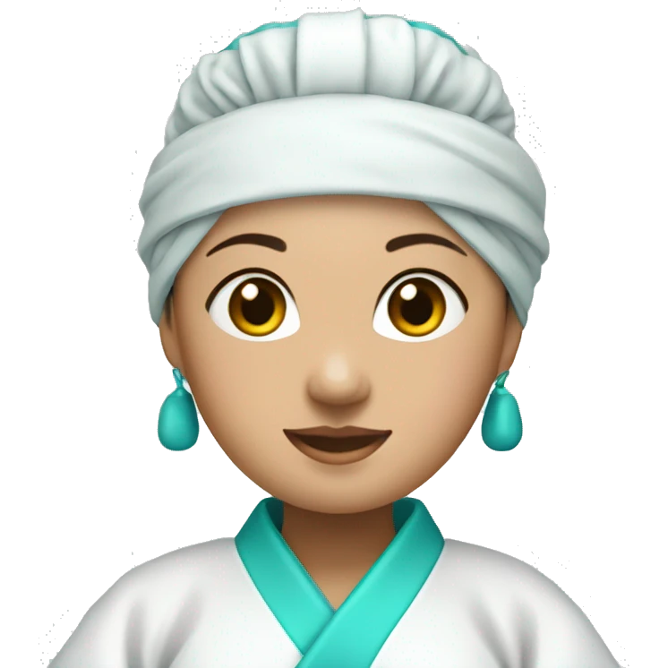 A Chinese woman wearing a white kimono, turquoise rope belt, and turquoise turban. emoji