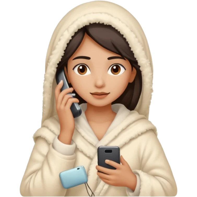 a pretty bratz fair indian girl covered in blanket, wearing beige pajamas, using phone emoji