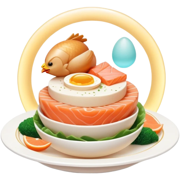 Floating plate with ethereal icons of golden egg, salmon fillet, bright chicken breast, and translucent tofu block, all orbiting a central double helix symbol, with soft light expanding towards a glowing muscular figure emoji