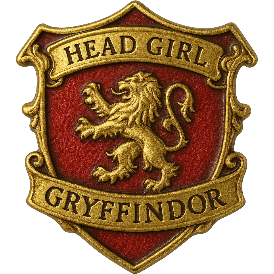 realistic Gryffindor badge for head girl, with lion crest, 'Head Girl' text, ornate gold and red enamel, no human figures, resembling official school pin emoji
