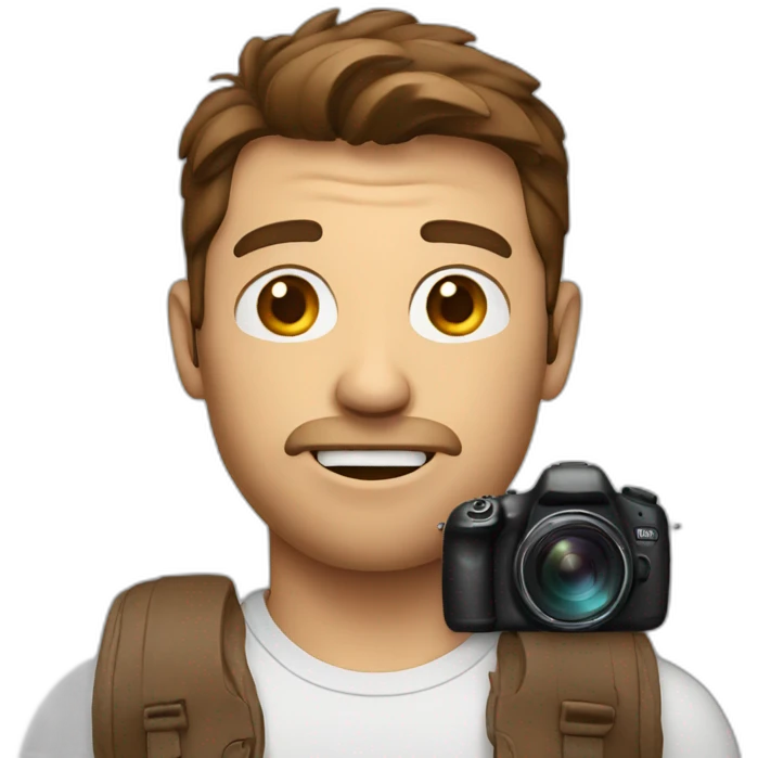 man surprised face with brown hair holding a camera emoji