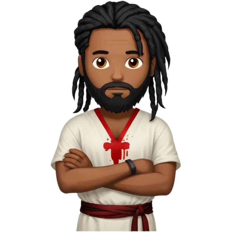 African American man with shoulder length black dreadlocks with black beard wearing a white tunic with blood on it with arms folded together emoji