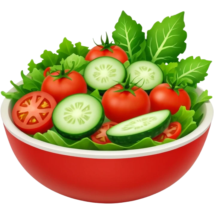 Salads avatar in clean emoji-style illustration. Fresh salad bowl with greens, tomatoes, cucumber, bright green tones, simple shapes, flat design, high contrast, light and healthy. emoji