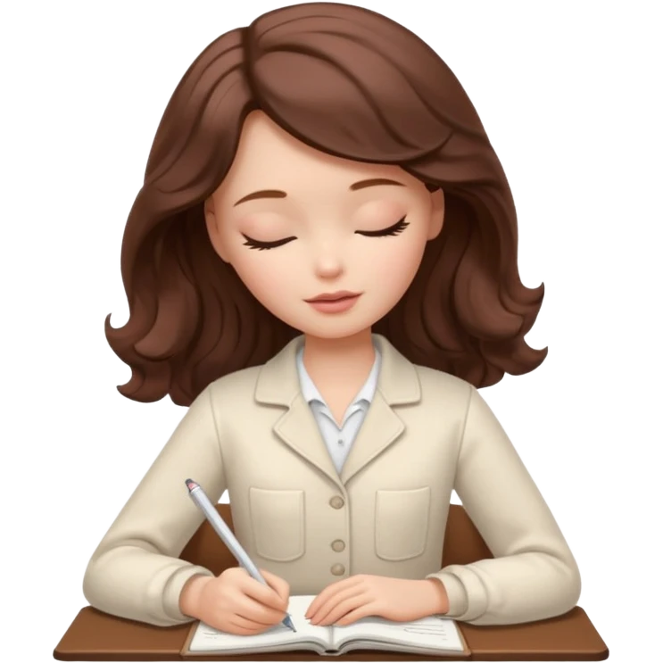 White Barbie girl dark Chestnut bob wavy hair sleeping with In pale creamy color clothes, he writes in a notebook emoji