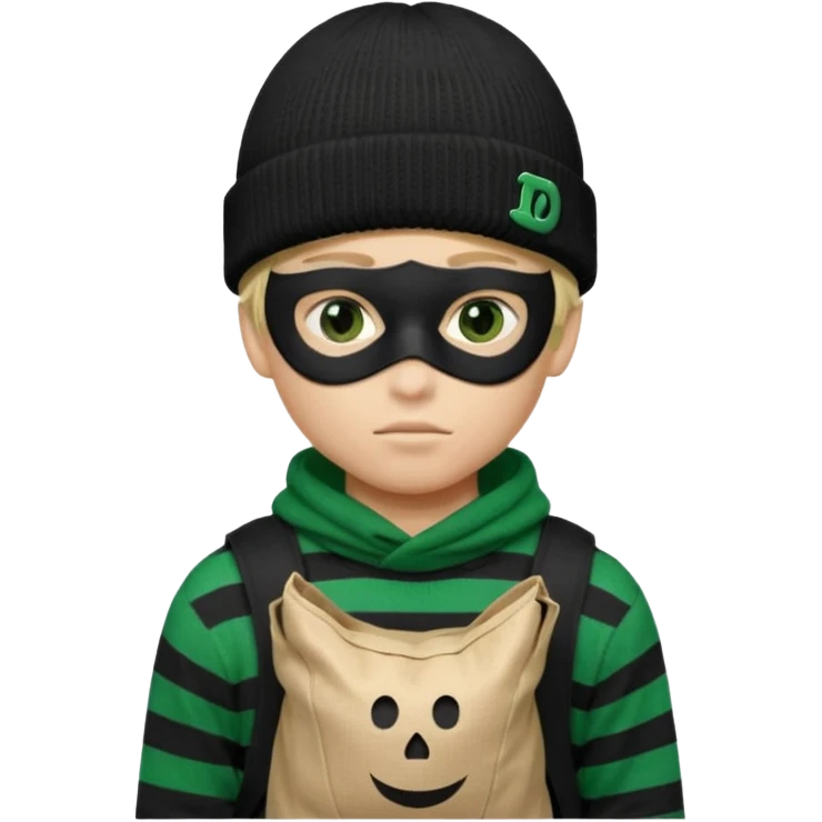 boy emoji with black knit beanie, thin black domino mask, canvas-colored sack over left shoulder that is bulging with stolen goods—often marked with a large, green dollar sign ($).,and a black-and-white horizontally striped sweater emoji