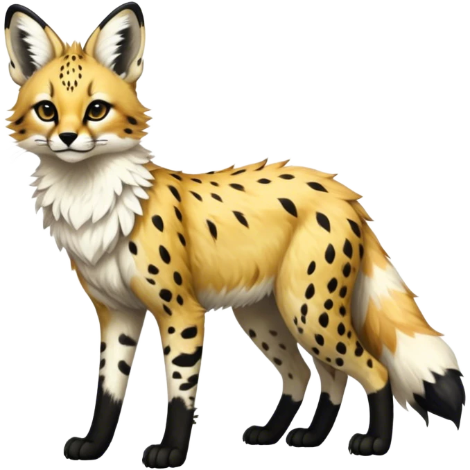 Epic Feral Rare Fantasy shiny cool fluffy Vernid-Trico-Fox-Serval-species-hybrid-animal by LiLaiRa, random markings, tufted ears, full body emoji