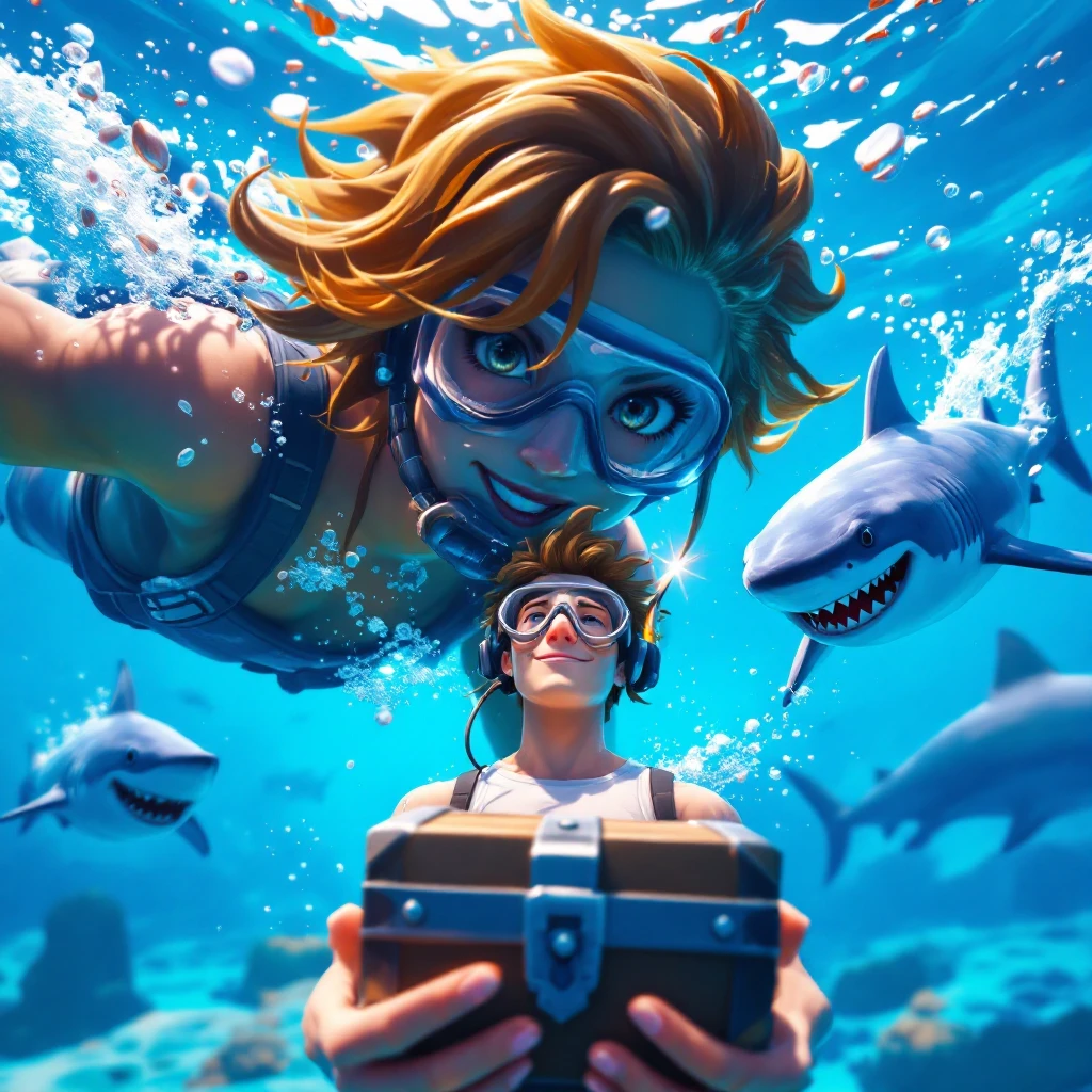 portrait, closeup, 3D, symmetrical, fortnite art style, diver holding chest underwater, happy shark swiming around him, blue crystal water, sunny day emoji