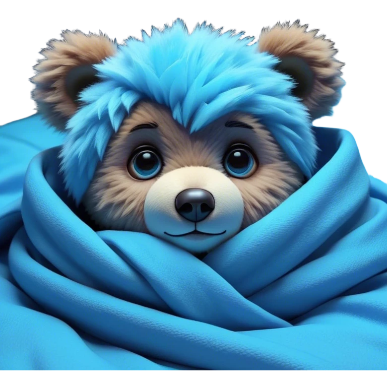 3D, adorable little Pixar style blue neon punk teddy bear wrapped in a comforter, ultra detailed, each lash, eye, and strand of fur is shown in stunning detail as though captured in a timeless photograph, rich textures, visually rich, so lifelike it feels like it could leap off the page at any momen emoji