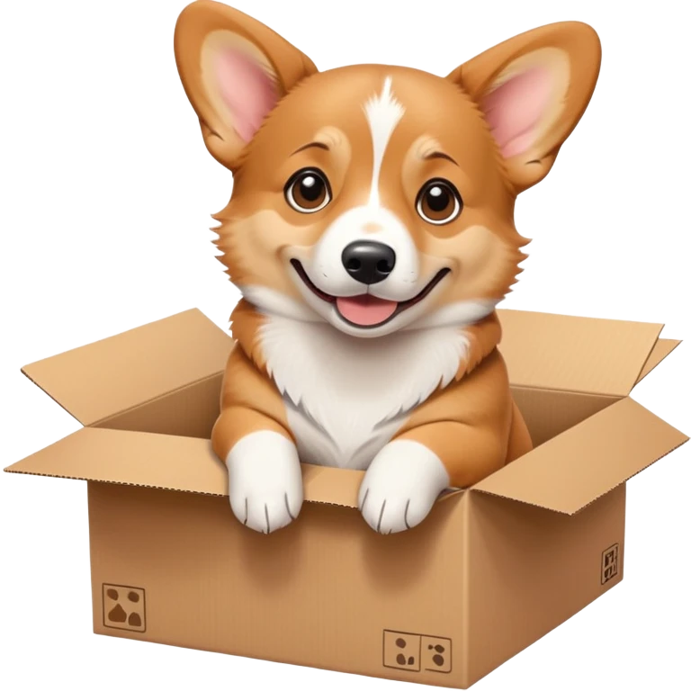  A very cute young corgi  with one's head tilted to one side poked its paws out of the cardboard big box and placed them on top of it emoji