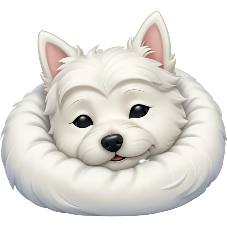 Meme-Worthy Cute Sleeping West Highland White Terrier Portrait Emoji, Head resting peacefully with a contented smile, showcasing a delightfully compact build and a luxuriously soft white coat, eyes shut in a serene nap, Simplified yet hilariously adorable features, highly detailed, glowing with a soft, drowsy light, high shine, relaxed and utterly lovable, stylized with an air of playful laziness, bright and heartwarming, soft glowing outline, capturing the essence of a comically sleepy companion, so meme-worthy it feels like it could instantly become the next viral sensation of adorable slumber! emoji