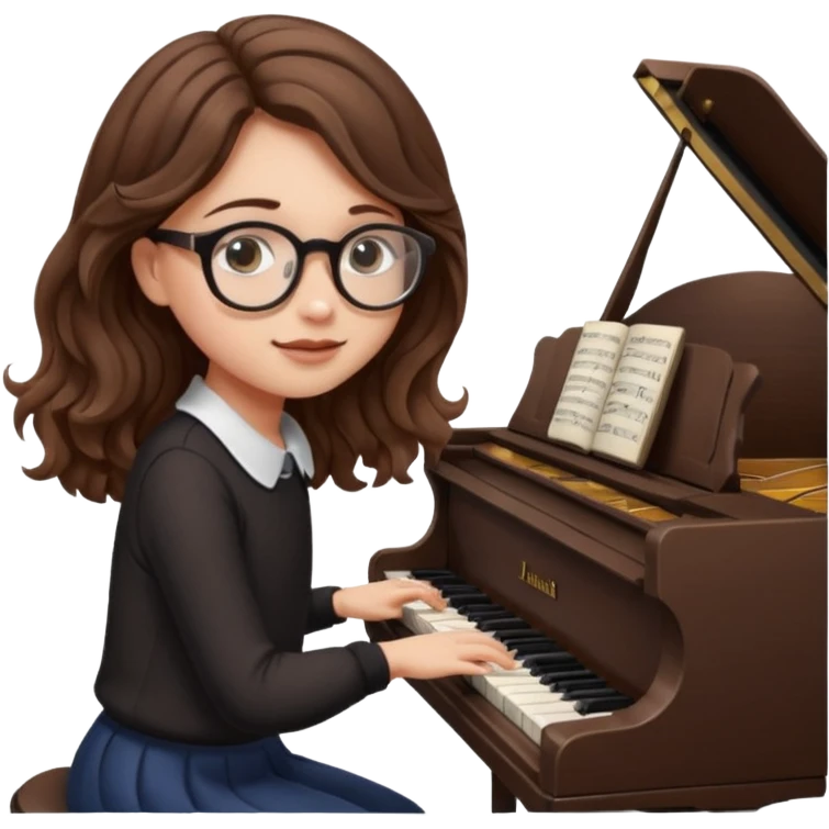 girl brown hair wavy. round glasses eye. playing piano emoji