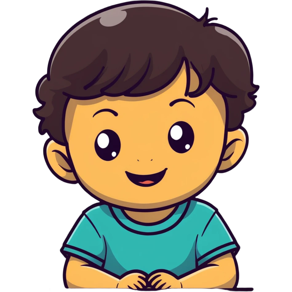 smiling toddler face with big eyes, medium skin tone, and dark wavy hair emoji