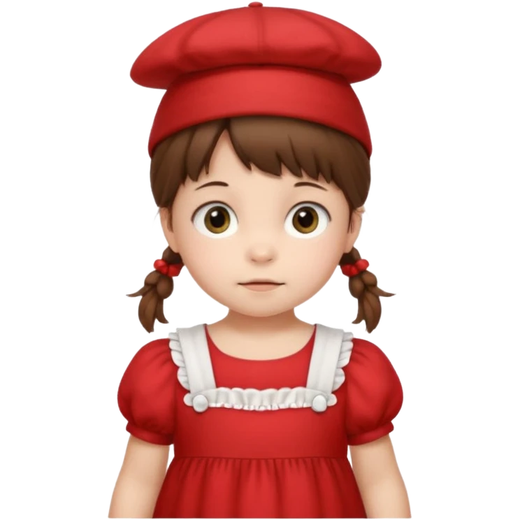 baby girl with brown hair and pigtails with red dress and a hat like My Neighbor Totoro movie emoji
