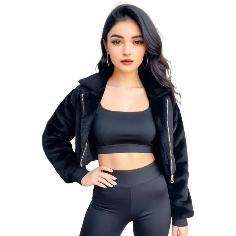 Siyah uzun saçlı siyah ceket  polar ceket ceket gevşek biraz omzundan çıkıyormuş gibi ve bugday ten rengi soltaraftaki omzundan çıkık sadece içinde de siyah crop var crop açık esmer emoji