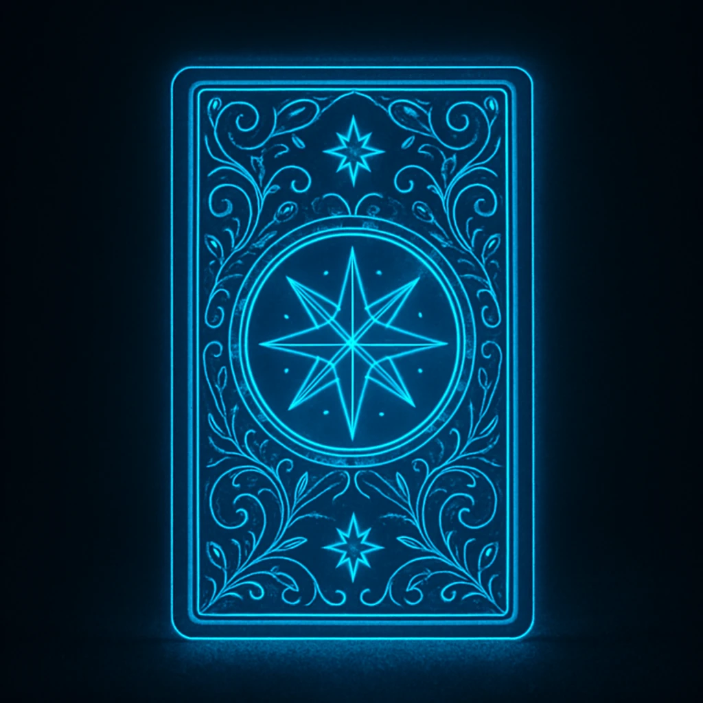 neon blue glowing tarot card, magical, intricate patterns, set against a dark background emoji