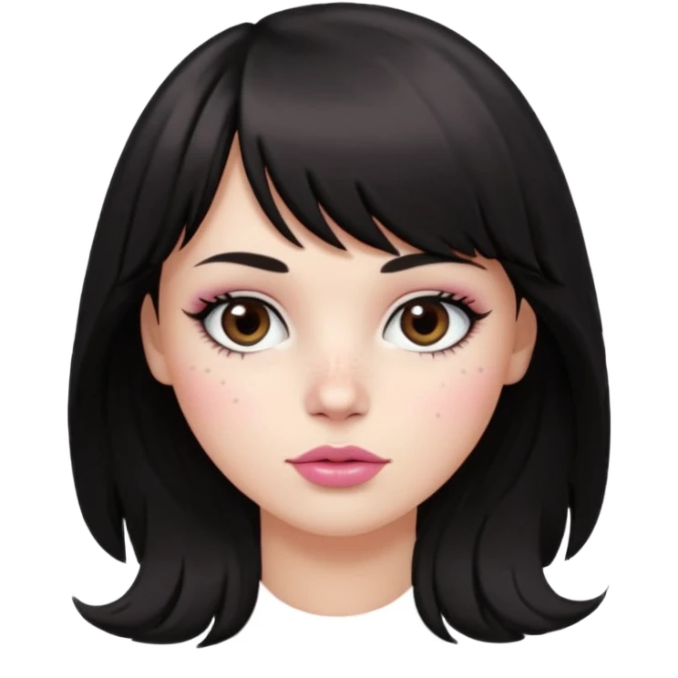 white girl, oval face, bangs and long black, slightly wavy hair. With round brown eyes, small and round nose, full and pink lips. Skin with some freckles. rock style emoji