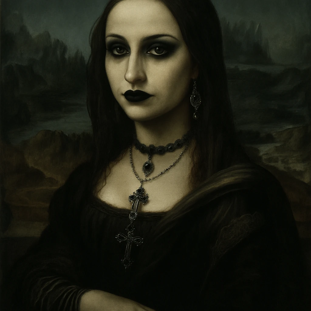 Mona Lisa as a goth, black lipstick, dark eyeliner, gothic jewelry emoji