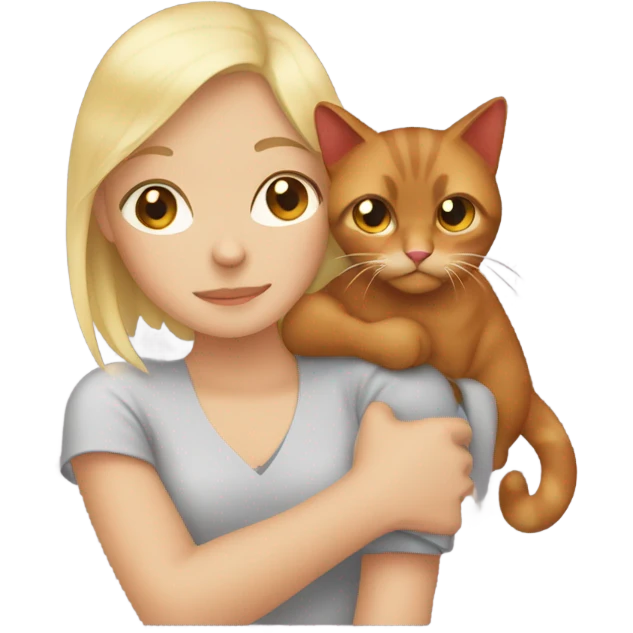 A picture in the style of an iPhone emoji, where a blonde girl with brown eyes hugs a red fold-eared cat emoji